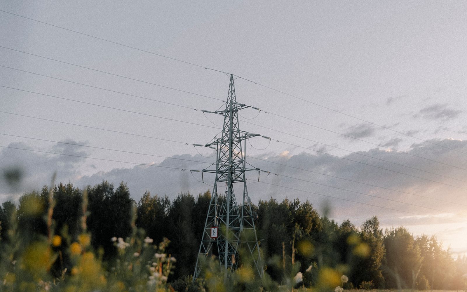 A transmission tower standing in an open meadow at sunset